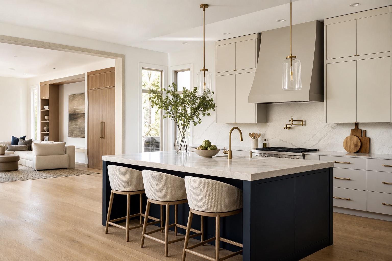 Luxury kitchen with warm white cabinetry, natural wood, and a navy island