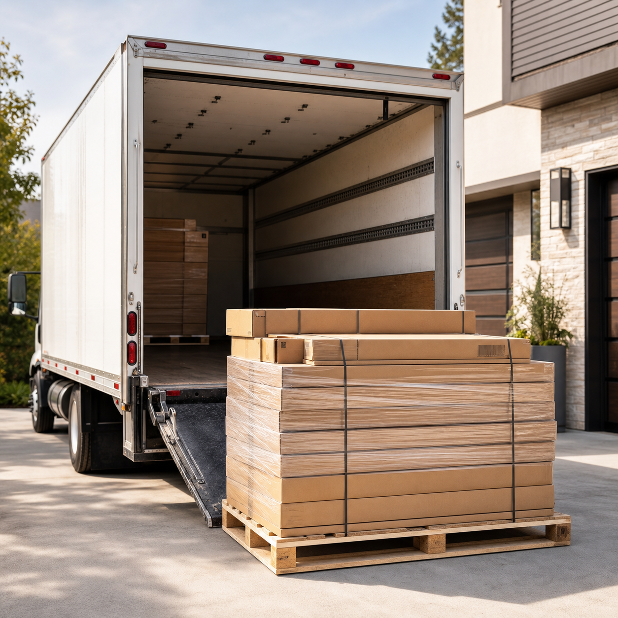 Flat packed unassembled cabinets arriving on a pallet from a box truck