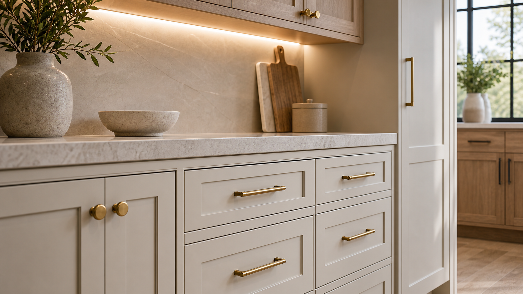High-end kitchen cabinetry with brass cabinet knobs and drawer pulls