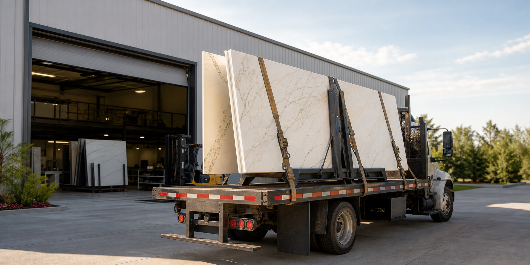Countertop slab on an A-frame flatbed truck being delivered to a stone fabrication shop
