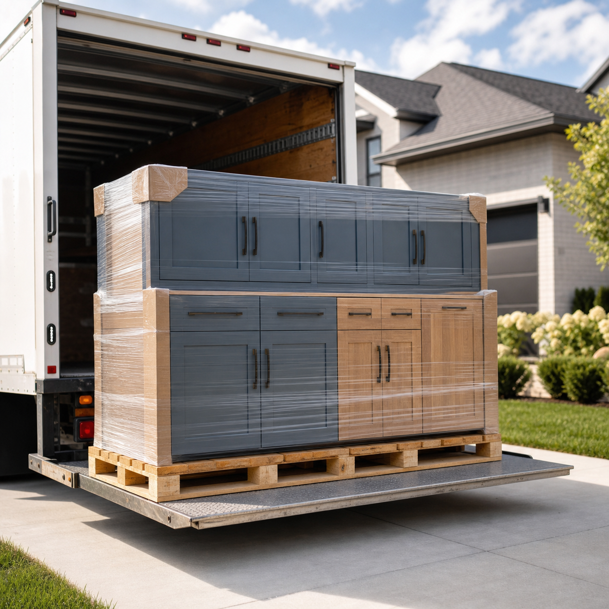 Assembled cabinets wrapped on a pallet arriving from a box truck