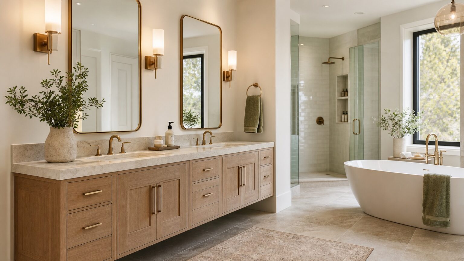 Luxury bathroom showroom with wood double vanity, stone countertop, mirrors, bathtub, shower, and brushed metal fixtures