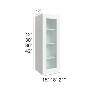 Slim Shaker White - Wall Glass Door Cabinets, 15"W x 30"H x 12"D