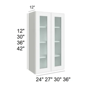 Slim Shaker White - Wall Glass Door Cabinets, 24"W x 30"H x 12"D