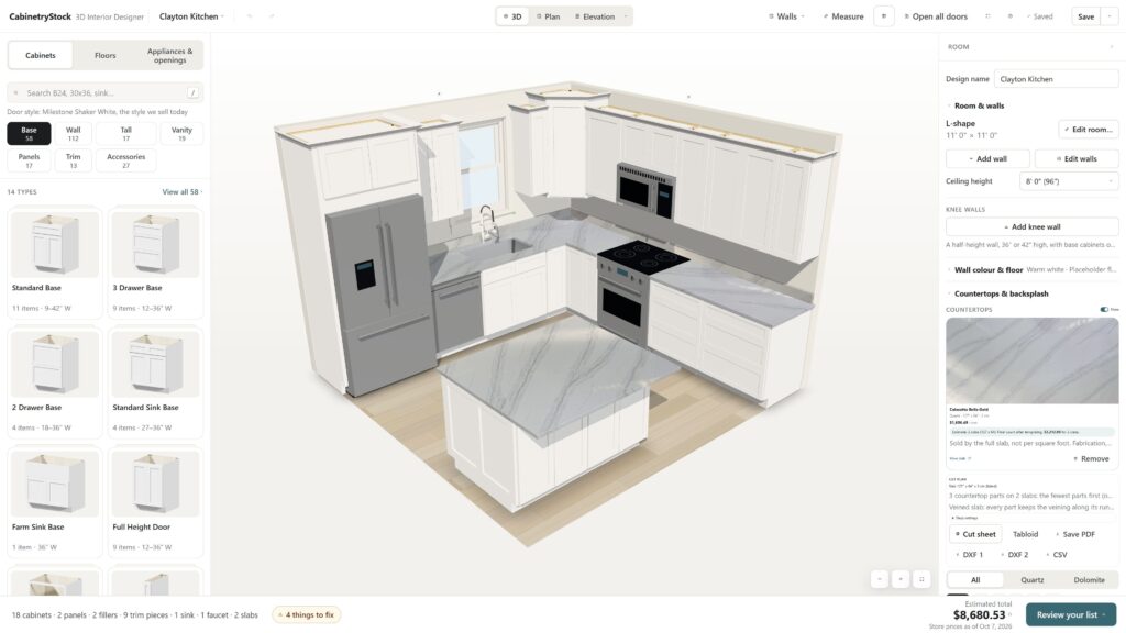 White Shaker kitchen with an island, marble-look countertops and stainless steel appliances, created in the 3D Interior Design Studio